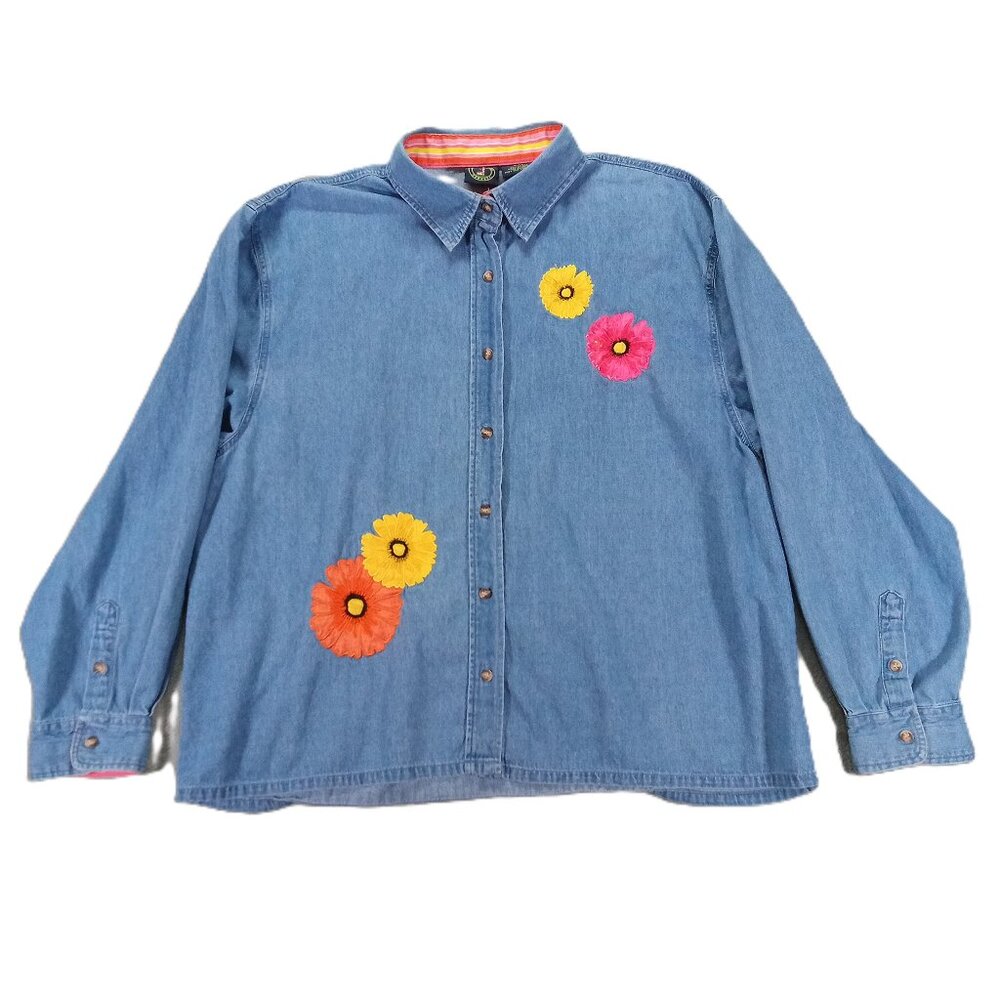 Lighthouse Apparel Denim Button Up Women XXL 2XL Floral Embroidered Artsy Top